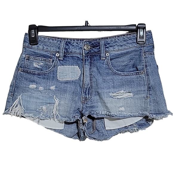 American Eagle Hi-Rise Shortie Patch Distressed Jean Shorts Womens Size 6 - Picture 1 of 10